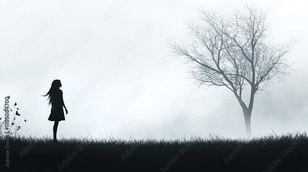 Silhouetted Girl Foggy Field Bare Tree Melancholy Scene Silhouetted Girl Foggy Field Bare Tree Melancholy Scene