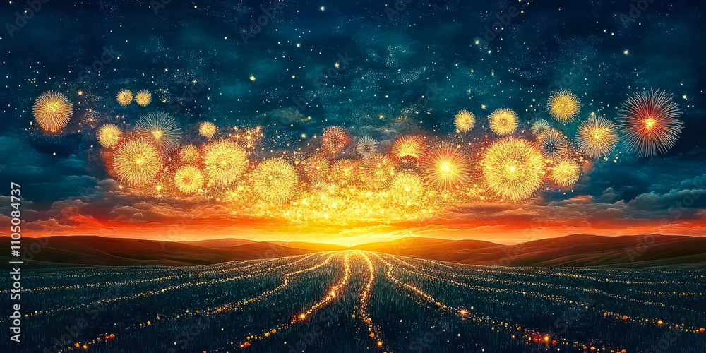 Fototapeta premium Spectacular Diwali Fireworks Illuminate Night Sky Above Serene Open Field Landscape