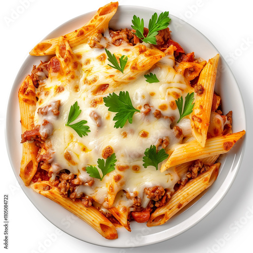Top View of a Slice of Baked Ziti with Mozzarella