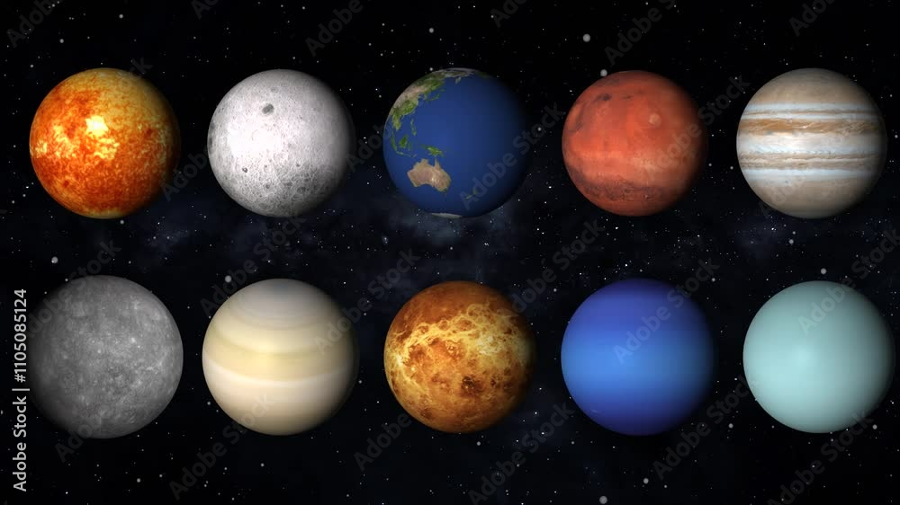 Rotating planets in space animation. 