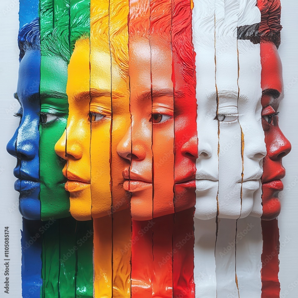 Obraz premium The image features colorful, painted faces arranged in a layered fashion, showcasing diversity and artistic expression.