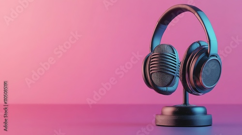 A vintage microphone with headphones around the top against a pink and blue neon background.
