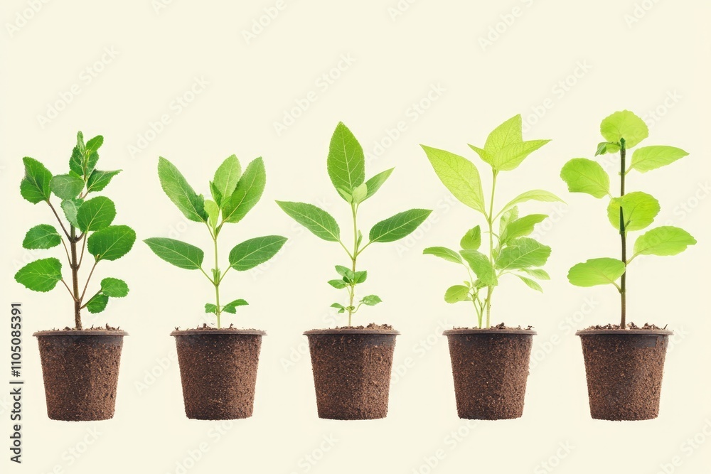 Fototapeta premium Growing Young Trees: Reforestation Collection of Potted Saplings with Leafy Foliage