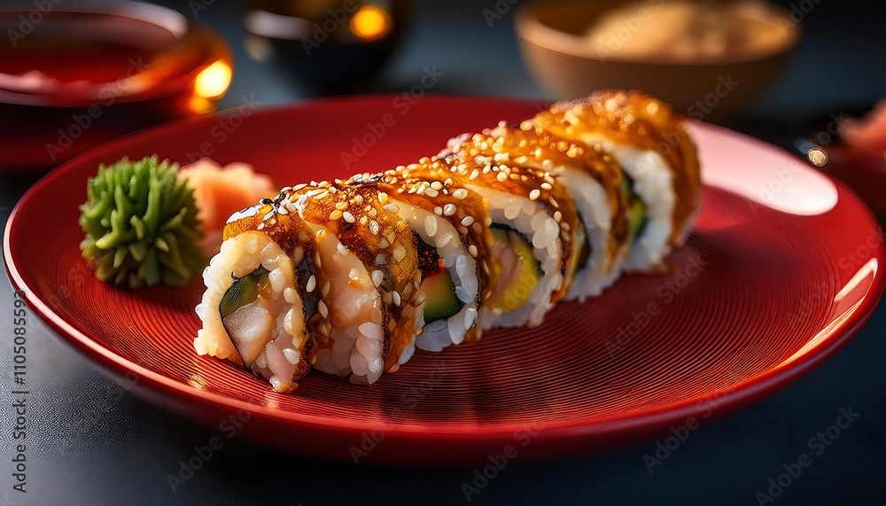 Sushi rolls with eel caviar and shrimp on a red plate Sushi rolls with eel caviar and shrimp on a red plate