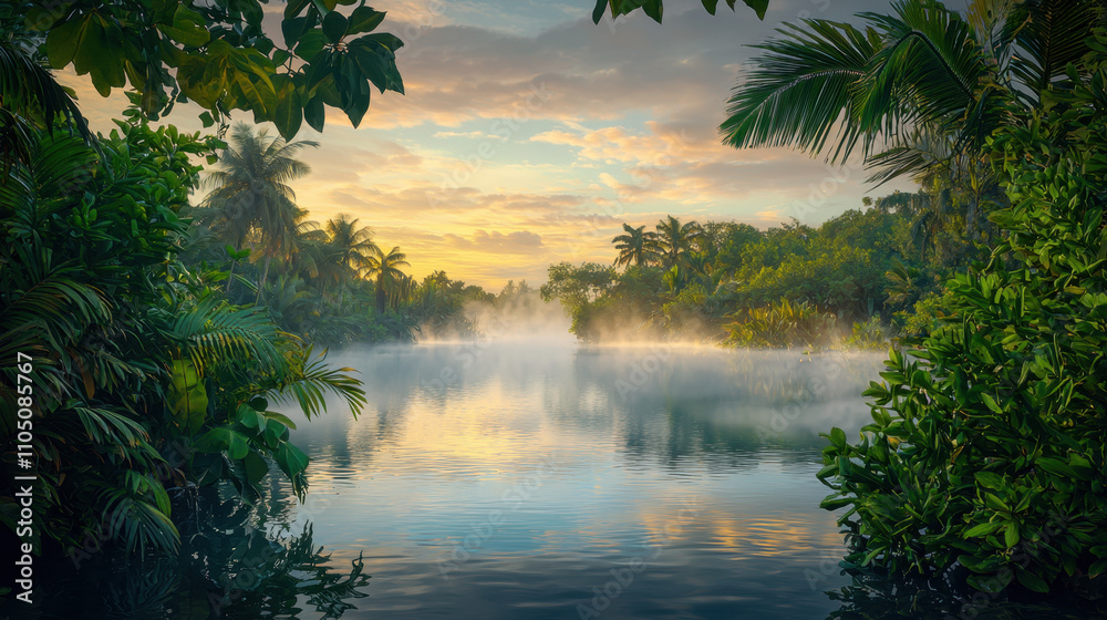 Obraz premium peaceful lagoon at dawn with mist hovering above water, surrounded by lush greenery and palm trees. serene atmosphere evokes tranquility and natural beauty