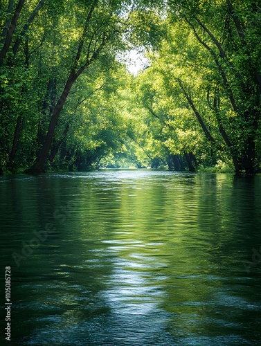 A broad, slow-moving river lined with dense trees, ideal for rafting. The water surface is calm, reflecting the serene surroundings. No rafts or people, evoking the peacefulness of nature.