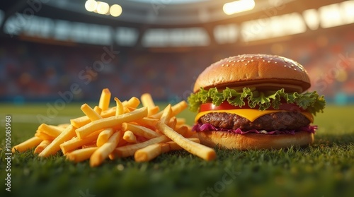 Juicy cheeseburger with fresh lettuce and crispy fries on green grass at a stadium during sunset. Perfect for food and sports themes photo