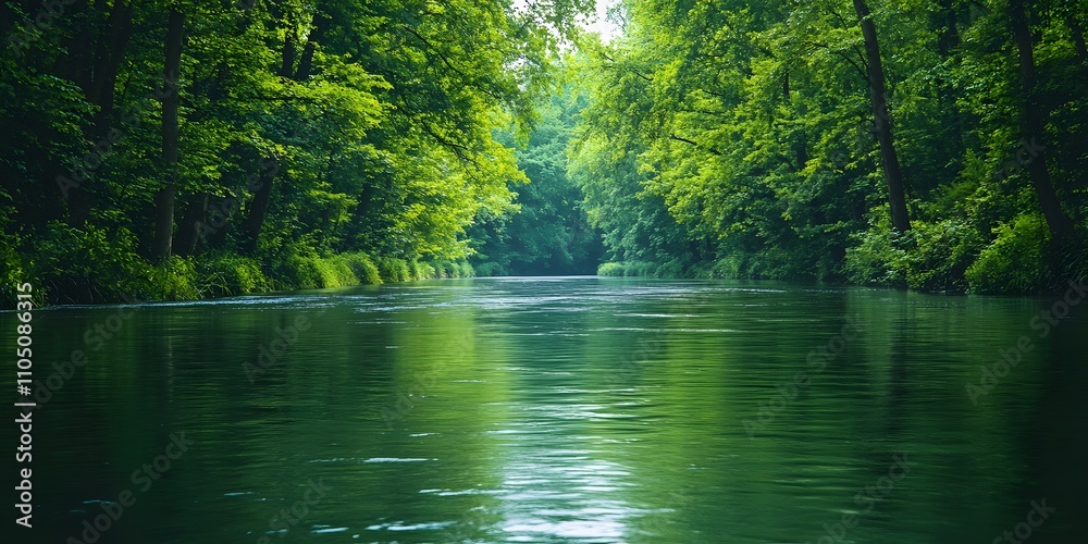 A broad, slow-moving river lined with dense trees, ideal for rafting. The water surface is calm, reflecting the serene surroundings. No rafts or people, evoking the peacefulness of nature.