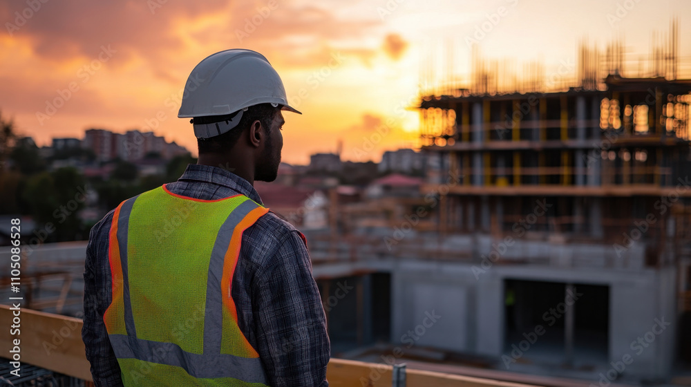 construction site manager in safety vest observes sunset over building under construction, reflecting on day work construction site manager in safety vest observes sunset over building under construction, reflecting on day work