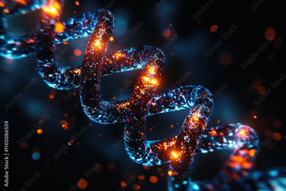Vibrant 3D rendering of twisting glass helix on black background Vibrant 3D rendering of twisting glass helix on black background