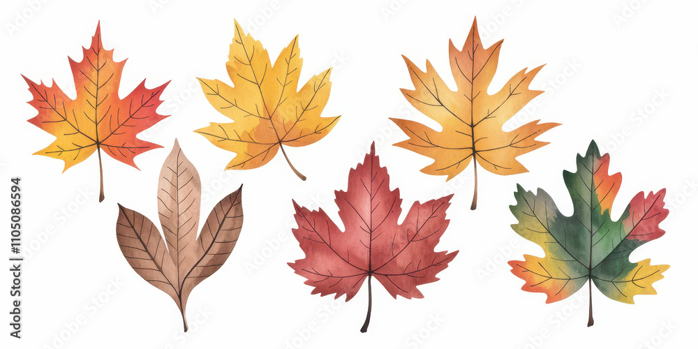 Fototapeta premium Autumn Watercolor Maple Leaves Collection 