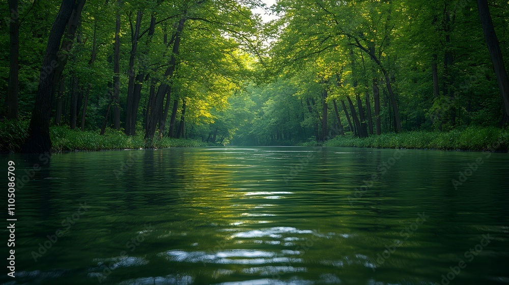 A broad, slow-moving river lined with dense trees, ideal for rafting. The water surface is calm, reflecting the serene surroundings. No rafts or people, evoking the peacefulness of nature. A broad, slow-moving river lined with dense trees, ideal for rafting. The water surface is calm, reflecting the serene surroundings. No rafts or people, evoking the peacefulness of nature.