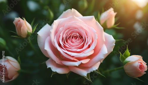 Pink rose in a dreamlike garden under the evening sun.
