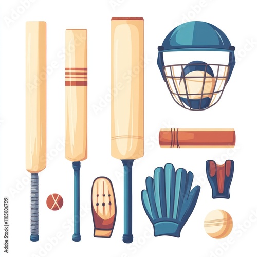 Cricket Equipment Illustration: Bats, Balls, Gloves, Helmet, and Wicket