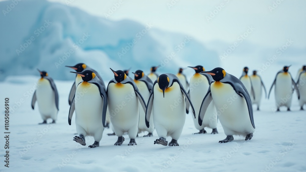 Fototapeta premium Design an image of penguins waddling together in a tight-knit formation across the ice. The snowy landscape and falling snowflakes evoke a sense of community and survival in the cold.