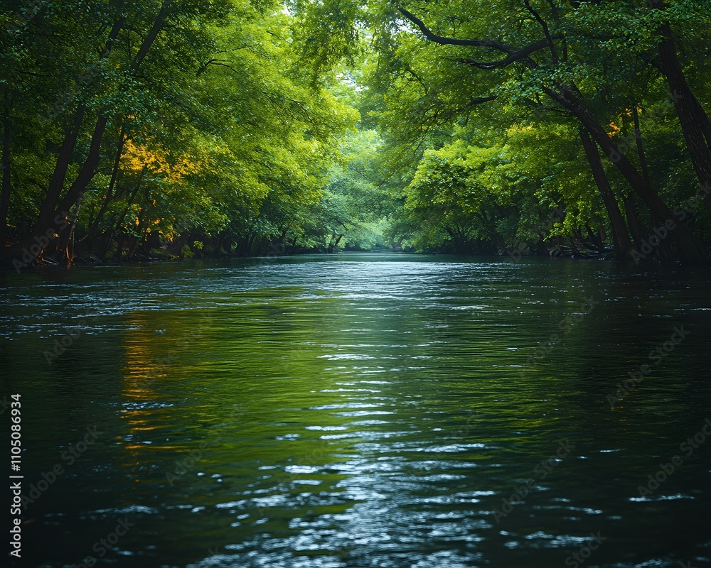 A broad, slow-moving river lined with dense trees, ideal for rafting. The water surface is calm, reflecting the serene surroundings. No rafts or people, evoking the peacefulness of nature. A broad, slow-moving river lined with dense trees, ideal for rafting. The water surface is calm, reflecting the serene surroundings. No rafts or people, evoking the peacefulness of nature.