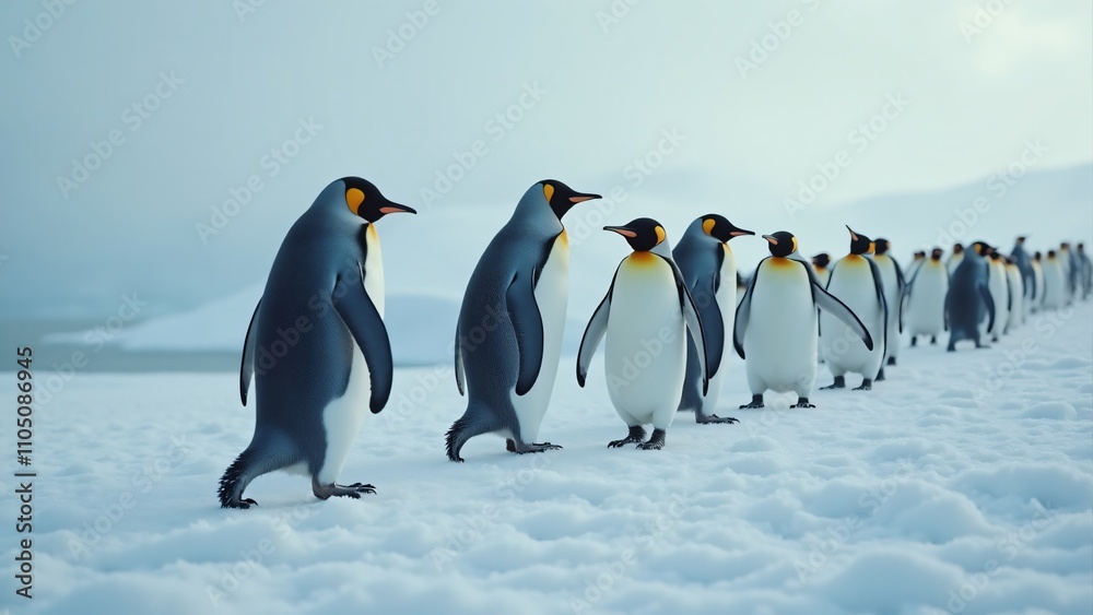 Fototapeta premium Design an image of penguins waddling together in a tight-knit formation across the ice. The snowy landscape and falling snowflakes evoke a sense of community and survival in the cold.