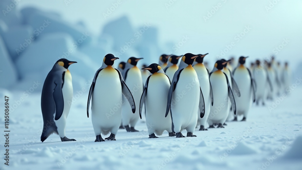 Fototapeta premium Design an image of penguins waddling together in a tight-knit formation across the ice. The snowy landscape and falling snowflakes evoke a sense of community and survival in the cold.