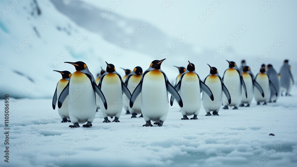 Obraz premium Design an image of penguins waddling together in a tight-knit formation across the ice. The snowy landscape and falling snowflakes evoke a sense of community and survival in the cold.