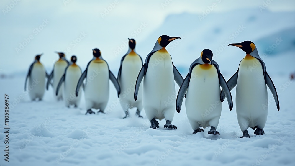 Fototapeta premium Design an image of penguins waddling together in a tight-knit formation across the ice. The snowy landscape and falling snowflakes evoke a sense of community and survival in the cold.