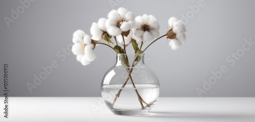 A glass vase with white cotton flowers arranged beautifully on a white background photo