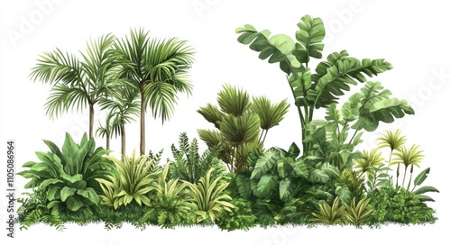 Lush Jungle Flora: Vibrant Group of Diverse Green Plants on Ground Against White Backdrop