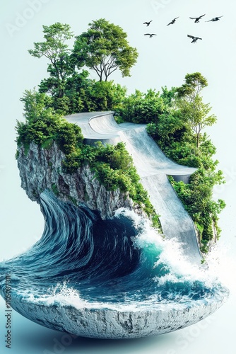 Surreal floating island with nature and skateboard ramp photo