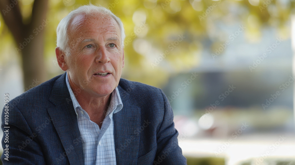 Retired CEO speaking to camera in park setting, showcasing wisdom and experience. warm sunlight creates serene atmosphere Retired CEO speaking to camera in park setting, showcasing wisdom and experience. warm sunlight creates serene atmosphere