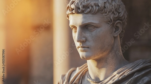 A close-up of an ancient marble bust of a young man in classical style. photo