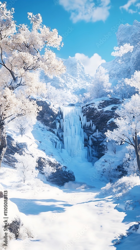 Obraz premium Frozen Waterfall Winter Wonderland: A Serene Escape in a Snowy Mountain Paradise