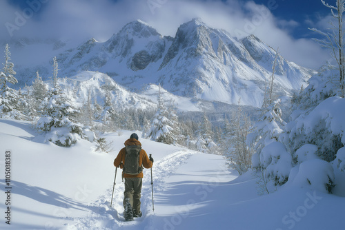 A snowshoe hiker trekking through deep snow, with a snow-covered mountain backdrop photo