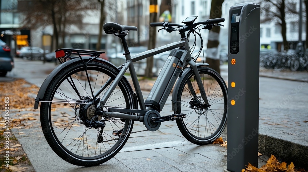 A black electric bike is plugged into a charging station on a city street. A black electric bike is plugged into a charging station on a city street.