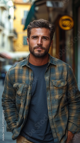 Handsome casual dressed man with different with clean shave with Street CafÃ© background.