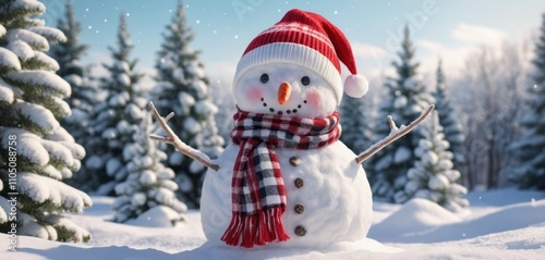 A happy snowman in a gingham red hat, scarf, and carrot nose, surrounded by snowflakes and a Christmas tree, symbolizes winter joy and holiday cheer photo