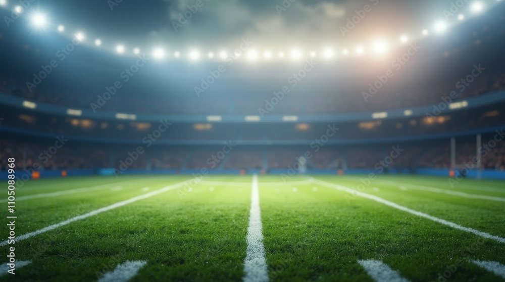 Illuminated football stadium with green grass field and yard lines, ready for a game, under bright stadium lights at dusk Illuminated football stadium with green grass field and yard lines, ready for a game, under bright stadium lights at dusk