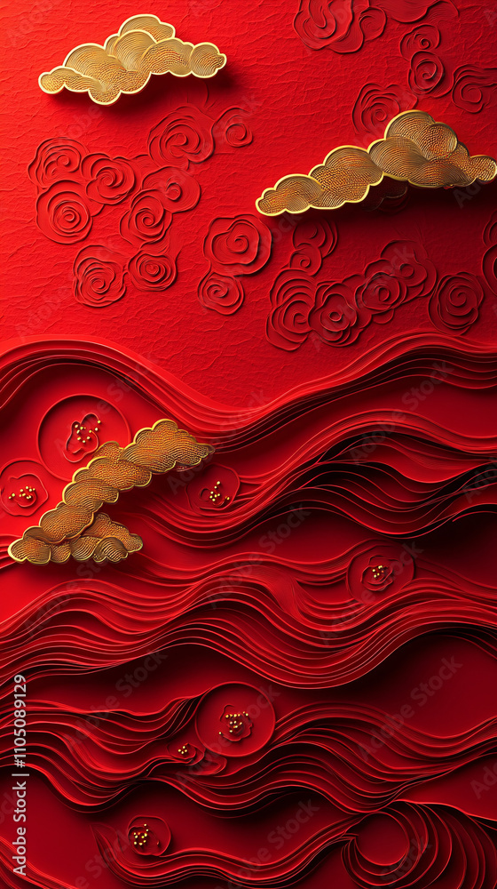 Intricate paper-cut design of flowing waves and clouds on a rich red background, perfect for Chinese New Year celebrations and festive greetings. Intricate paper-cut design of flowing waves and clouds on a rich red background, perfect for Chinese New Year celebrations and festive greetings.