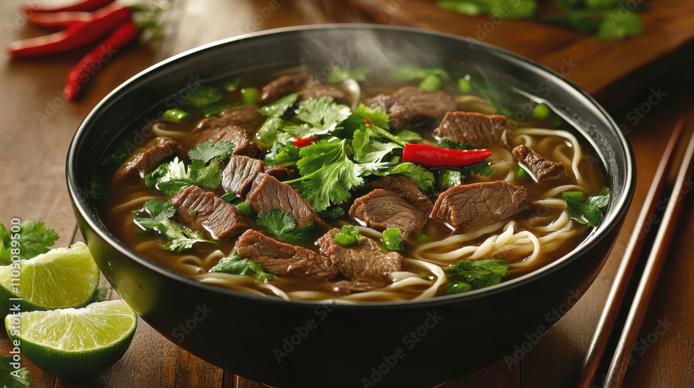 steaming bowl of beef noodle soup garnished with fresh herbs, lime, and chili. This delicious dish is perfect for comforting meal steaming bowl of beef noodle soup garnished with fresh herbs, lime, and chili. This delicious dish is perfect for comforting meal