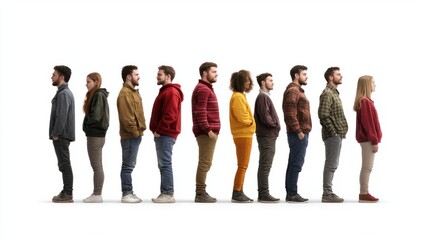 Group of people standing in a line with half facing forward and half facing sideways isolated on a white background, png