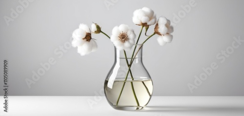 A glass vase with white cotton flowers arranged beautifully on a white background photo