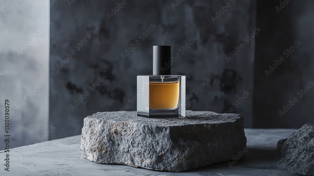 A perfume bottle on a stone platform with a gray background. A perfume bottle on a stone platform with a gray background.