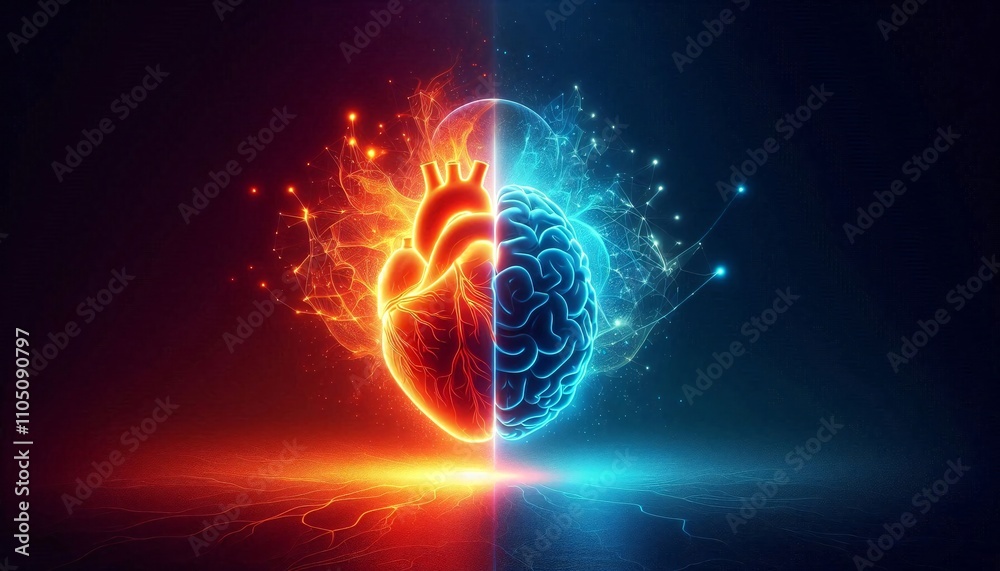 Fiery glowing human heart and cool blue brain, symbolizing emotions versus logic, creativity, science, mind, body, abstract energy, contrast, technology, vibrant futuristic concept