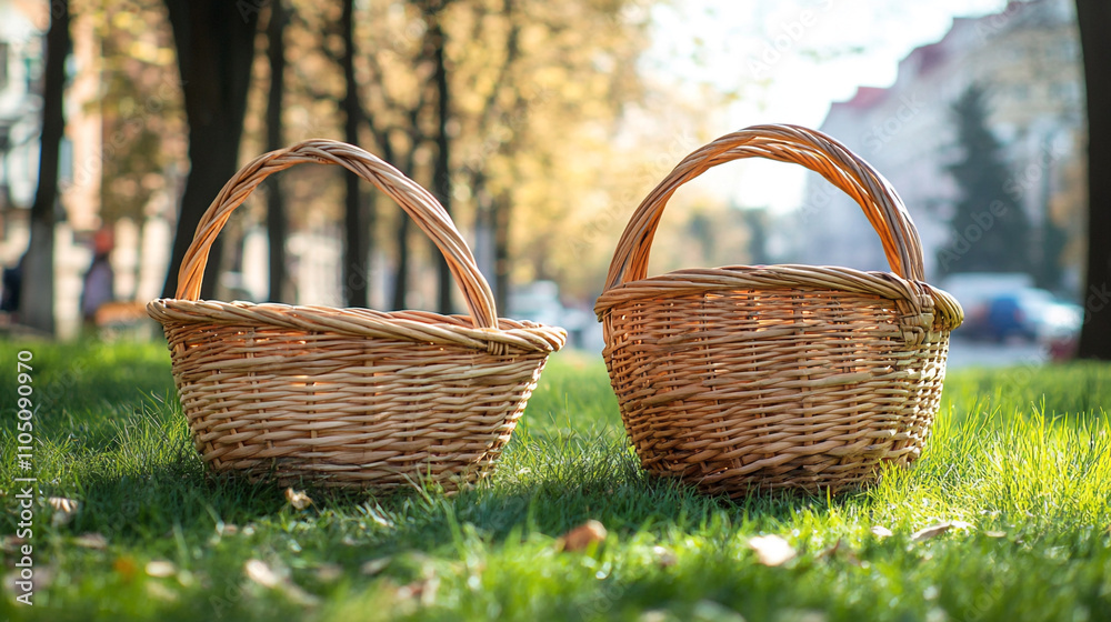 Two Wicker Baskets on Grass in Park Two Wicker Baskets on Grass in Park
