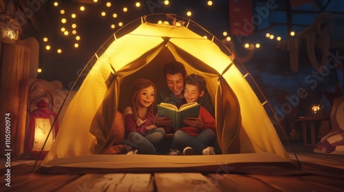 happy family reading book in kids tent at home