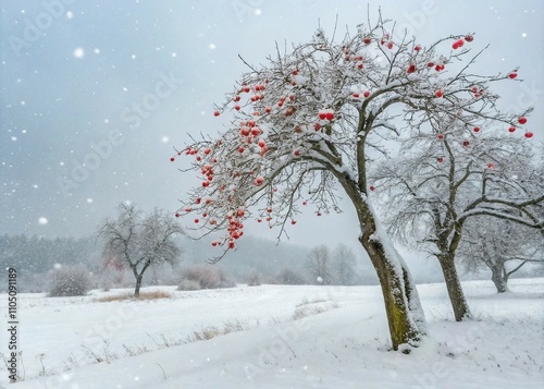 Winter snowfall with red wild ceria fruit trees. Generative AI
 photo