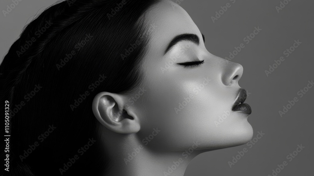 A monochrome profile portrait of a woman, emphasizing elegance and beauty through light and shadow. A monochrome profile portrait of a woman, emphasizing elegance and beauty through light and shadow.