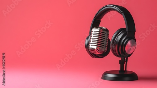 A vintage microphone with headphones on top of it in front of a pink background.