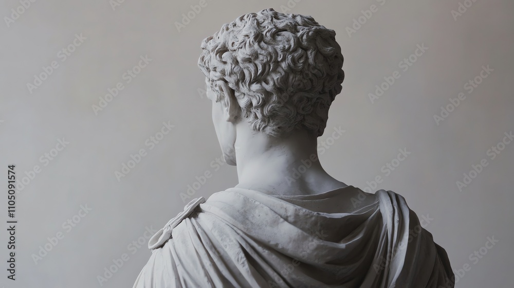 A white marble bust of a young man in classical style, viewed from behind. A white marble bust of a young man in classical style, viewed from behind.