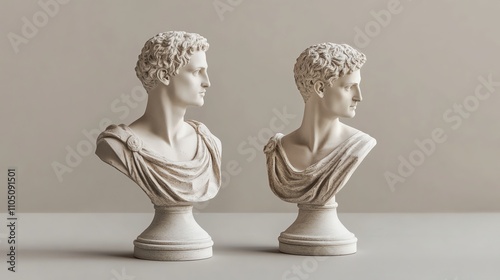 Two white marble busts of young men in classical style, facing different directions.