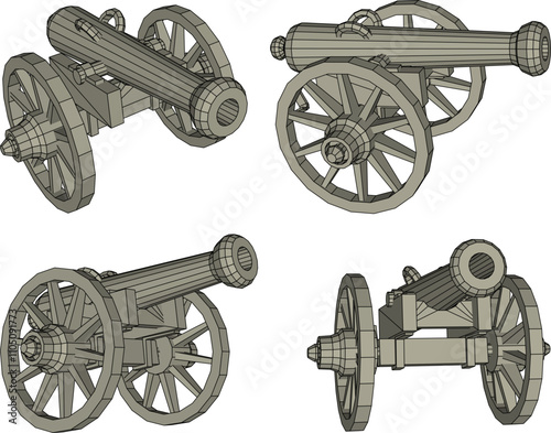 vector illustration design of old war weapon classic vintage cannon with running wheels