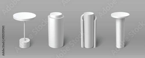 White pillar display pedestals in different geometric shape. Realistic 3d vector platform mockup - slim stand with round top, cylindrical column with cap, segmented vertical mount, simple tubular base